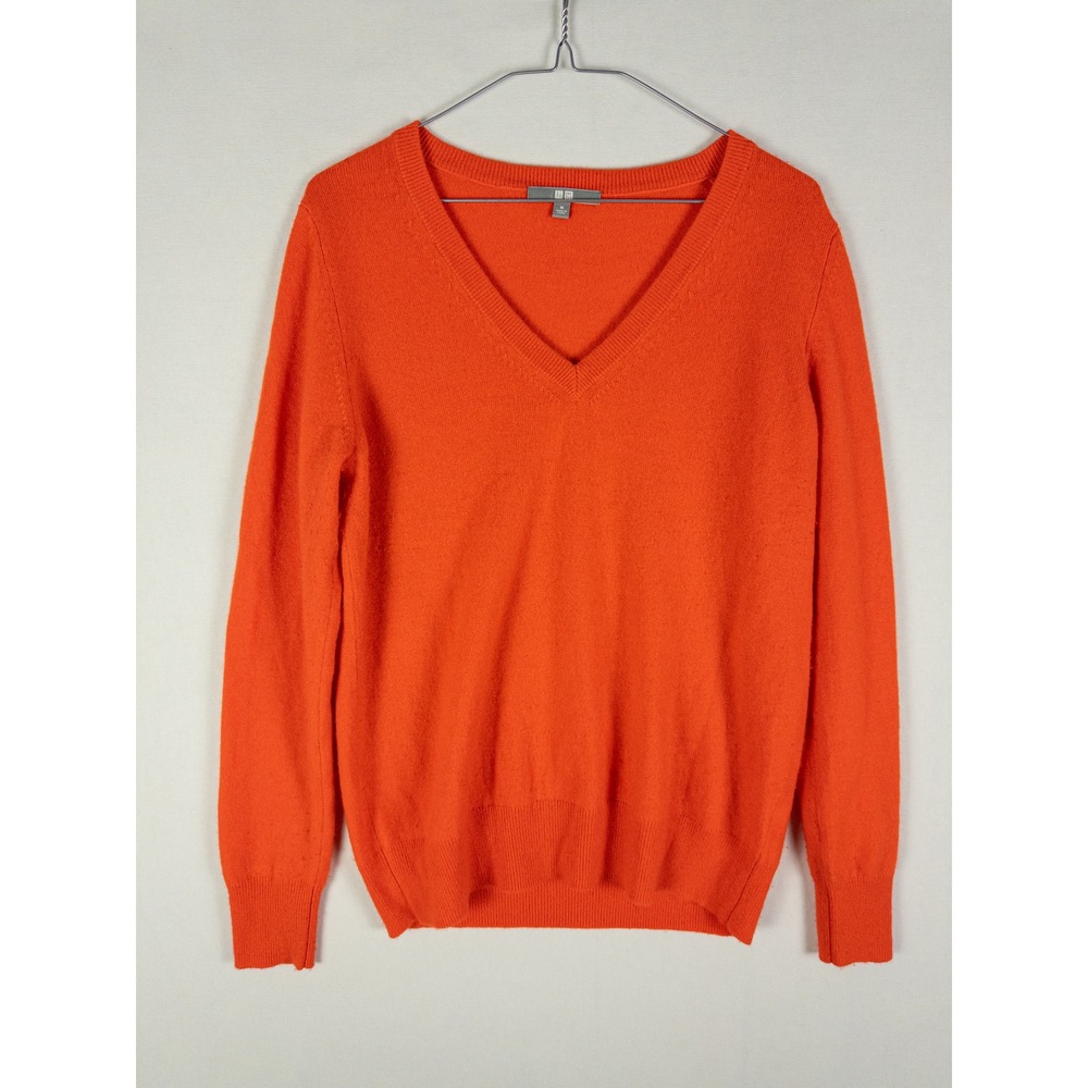 Uniqlo 100% Cashmere V-Neck Sweater Womens M Orange Minimalist Quiet Luxury
